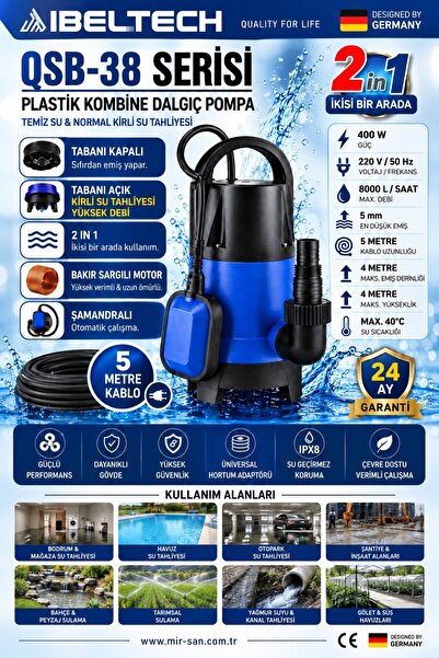 İBELTECH 400W Kombine Dalgıç Pompa 2’si 1 Arada Şamandıralı 8000 L/Saat Temiz...