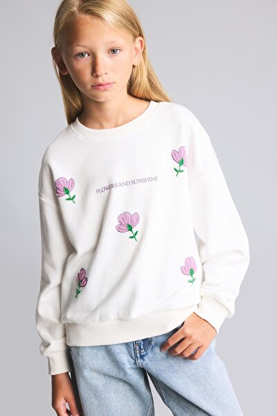 DeFacto Relax Fit Crew Neck Embroidered Floral Long Sleeve Sweatshirt Girls I...
