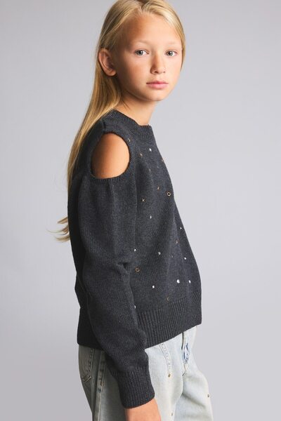 DeFacto Crew Neck Open Shoulder Stone Embroidered Sweater for Girls I5717A826Wn