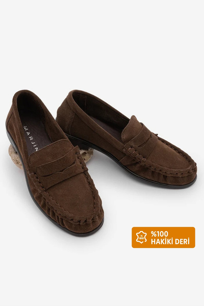 Marjin Women's Genuine Leather Oval Toe Moccasin Stitched Drawstring Loafer C...
