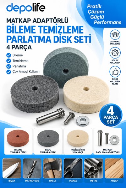 Depolife Sharpening Cleaning Polishing Disc Set with Drill Adapter Mill Stone Skoc Wool Felt Set 4 Pieces