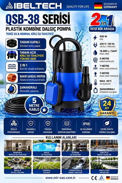 İBELTECH 550W Kombine Dalgıç Pompa 2’si 1 Arada Şamandıralı 10.000 L/Saat Tem...