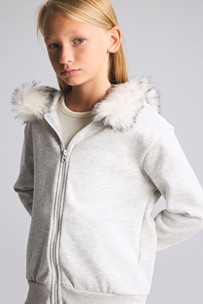 DeFacto Kürklü Kapüşonlu Basic Fermuarlı Hırka Sweatshirt Kız Çocuk I6883A826AU