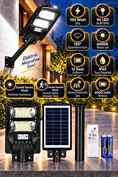 nelerbulurum GÜNEŞ ENERJİLİ Kumandalı Hareket Sensörlü 100 WATT 12 Saat kulla...