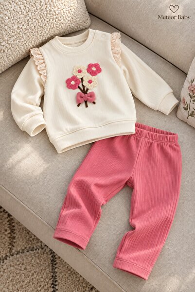 METEOR BABY Baby Girl Floral Embroidered 2-Piece Set with Ruffle Detail, Seas...