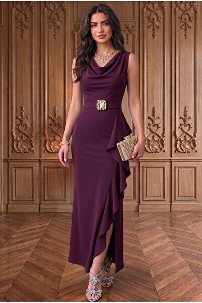 ALFUDO Moda Collection Kruvaze Yaka Kadın Volanlı Yırtmaçlı Kare Taş Kemerli ...