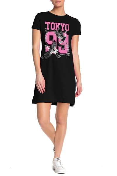 ROCKANDROLL Rochie tricou pentru femei Tokyo 99, neagră, cu mânecă scurtă din...