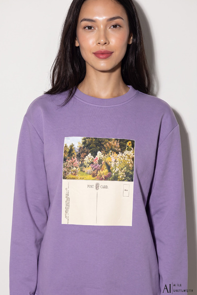 Amia&Co. Kadın Lila Şardonlu Baskılı Pamuklu Sweatshirt