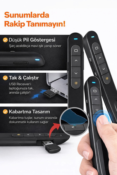 DailyTech Kablosuz Sunum Kumandası Presenter 2.4GHz USB PowerPoint Clicker Ses Link Kontrol