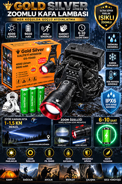 farissu Gold Silver GS-15450 4000 Lümen Ultra Parlak Şarjlı Zoomlu Sensörlü K...
