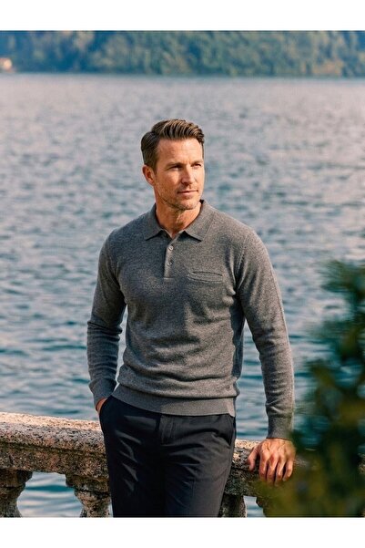 ONNO Men's Polo Collar Tricot Sweater with Elastic Waist, Steel Knitting, Cla...