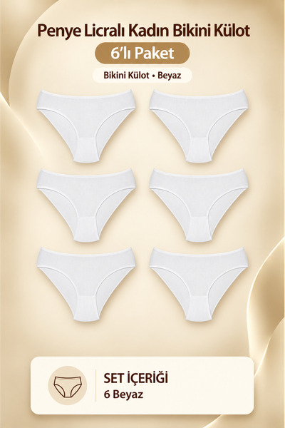 Erdenay Tekstil Penye Licralı Kadın Bikini Külot 6'lı - Beyaz