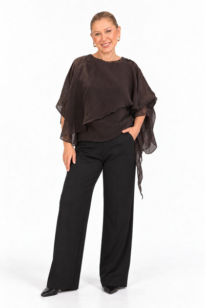 ALLWIN Women's Tulle Blouse Shirt with Cape Detail