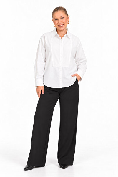 Serpirella Butik Women's White Ribbed Detailed Oversize Poplin Shirt