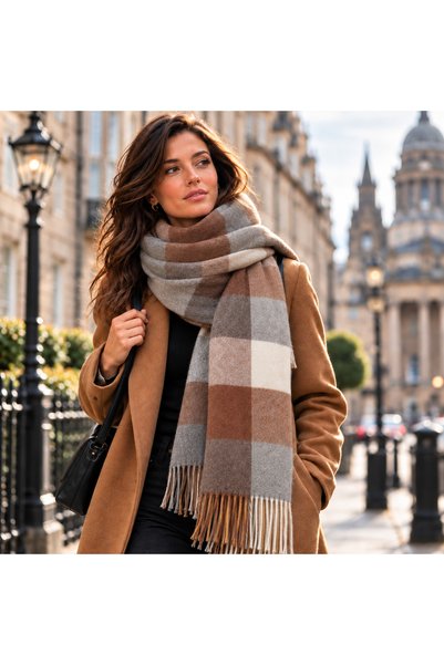 Aquasis Copenhagen |   Women's Brown Gray Ecru Winter Shawl Scarf 50X190 cm |   Oversize Plaid Patterned Thick Soft Tassel Shoulder Shawl