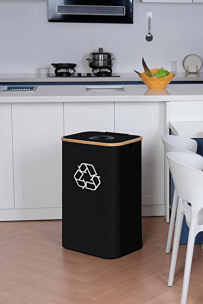 Viacare Coș de reciclare de 100L cu capac și 1 sac reutilizabil – Coș de rufe cu cadru de bambus, negru