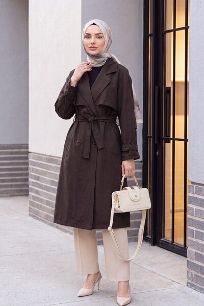 Modamorfo Pes Fabric Trench Coat with Belted Pockets, Sleeve Epaulettes, Bole...