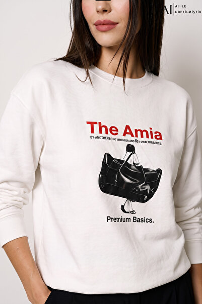 Amia&Co. Γυναικείο φούτερ εκρού με 3 κλωστές από βαμβάκι, με στάμπα και λαιμό...