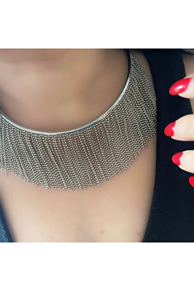 ACAR TAKI MARKA MODEL DORİKA SALLANTILI CHOKER KOLYE 35+7CM-GÜMÜŞ ACR7647