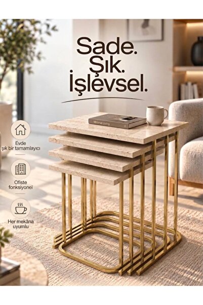 Nokta Sehpa Home 4LÜ RÜYA TREND GOLD METAL TRAVERTEN TABLA ZİGON SEHPA YAN SE...