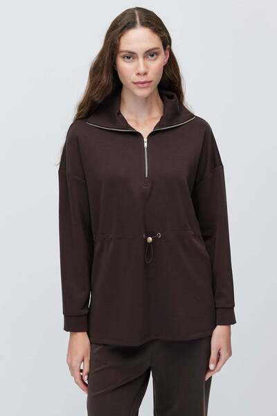 PAULMARK Women's Collared Zippered Knitted Sweatshirt with Drawstring Waist
