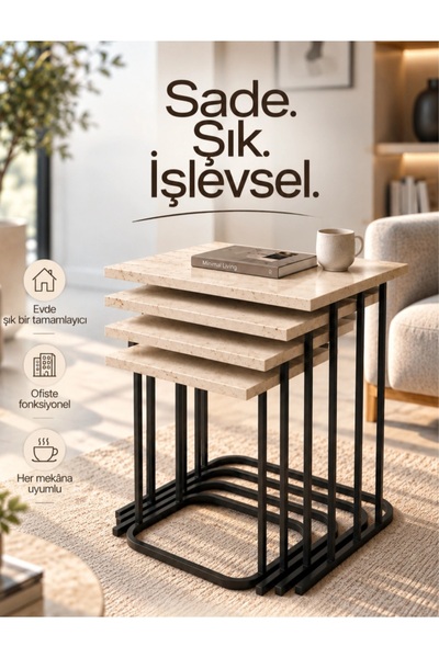 Nokta Sehpa Home 4LÜ RÜYA TREND SİYAH METAL TRAVERTEN TABLA ZİGON SEHPA YAN S...