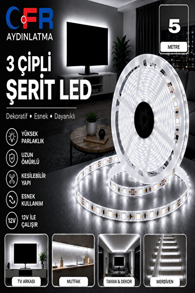 CFR LED AYDINLATMA 3 Çipli Iç Mekan 12V Şerit Led Beyaz,Günışığı,Amber,Mavi,K...