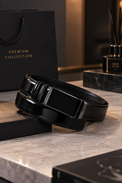 awix Men's Black Leather Automatic Buckle Belt Without Holes (Width 3.5 cm)