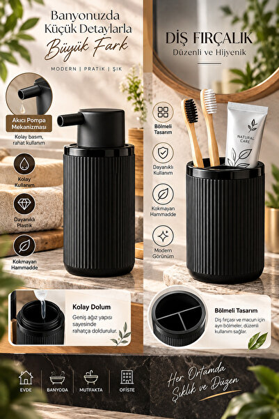 Tugomer 5 Parça Lüx Banyo Seti - Dekoratif Yuvarlak Pratik Kapak Çöp Kovası Diş Fırçalık Sabunluk Fırça Seti