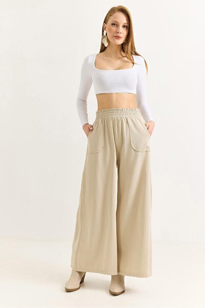 Juuuj Beige Elastic High Waist Wide Leg Pants with Stitching Detail and Doubl...