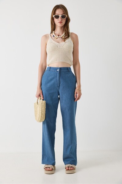 Juuuj Blue Cotton Woven Trousers with Elastic Waist at the Back, Wide Legs, C...
