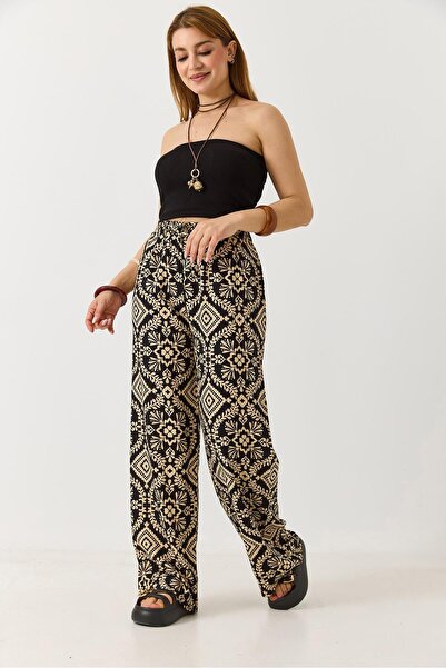 Juuuj Black Viscose Fabric Elastic Waist Loose Fit Self-Belted Ethnic Pattern...
