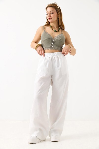 Juuuj White Tensel Fabric, Elastic Waist, Loose Fit, Comfortable Movement Pos...