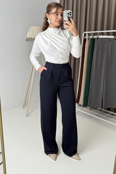 Juuuj Navy Blue Stretchy Textured Waistband with Velcro Detail Comfortable Cu...