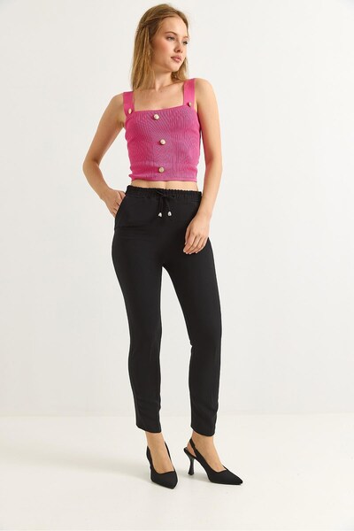 Juuuj Black Double Crepe Fabric Short-Legged Trousers with Elastic Waist and ...