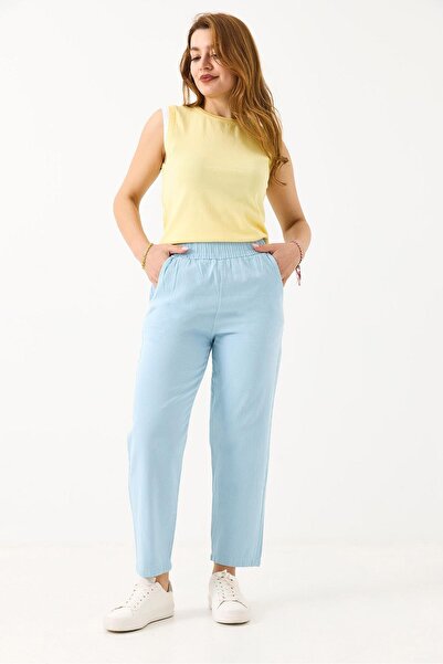 Juuuj Light Blue Canvas Textured High Elastic Waist Mom Cut Comfortable Fit P...