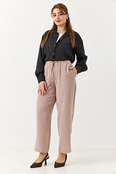 Juuuj Mink Woven Fabric Elastic Waist Lace-Up Comfortable Cut Wide Leg Loose ...