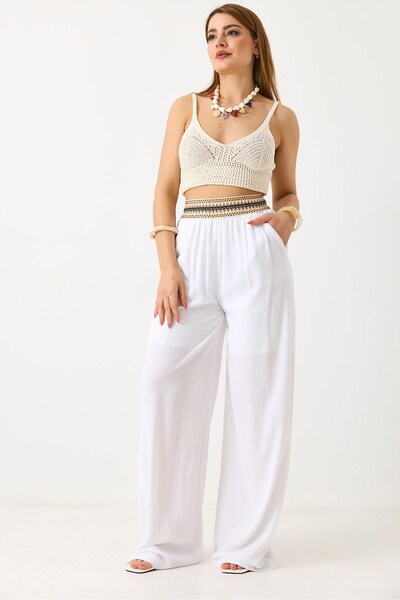 Juuuj White Linen Textured Ethnic Pattern Loose Cut Wide Leg Trousers with El...