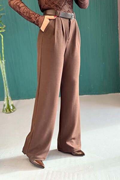 Juuuj Brown Lycra Crepe Knitted Fabric High Waist Loose Cut Belted Comfortabl...