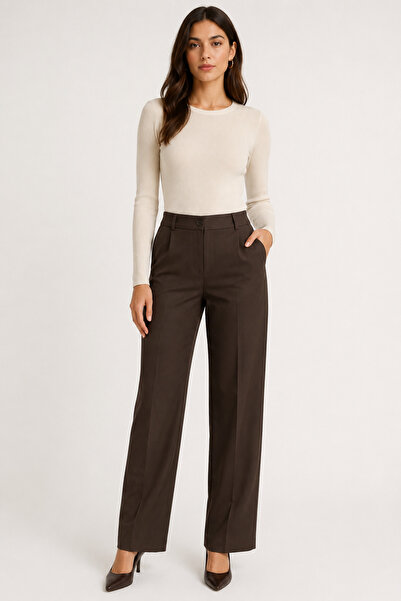Juuuj Brown Fabric High Waist Wide Leg Pants with Elastic Waist and Adjustabl...