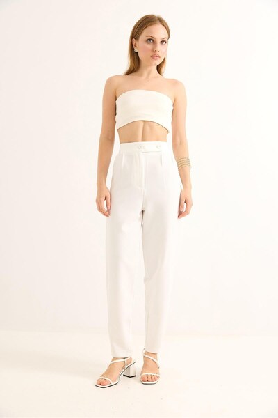 Juuuj White Woven Fabric High Waist Carrot Model Double Button Palazzo Form T...