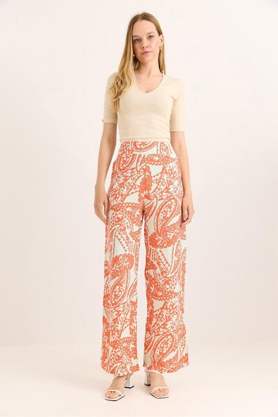 Juuuj Orange Viscose Fabric High Waist Thick Belted Wide Leg Patterned Comfor...