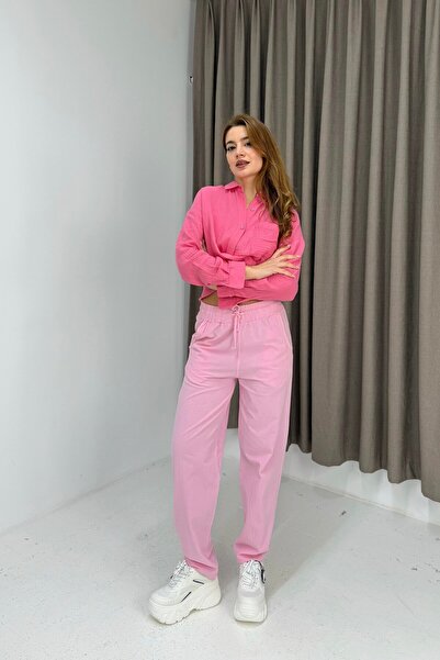 Juuuj Pink Canvas Woven Elastic Waist Lace-Up Comfortable Cut Long Trousers w...
