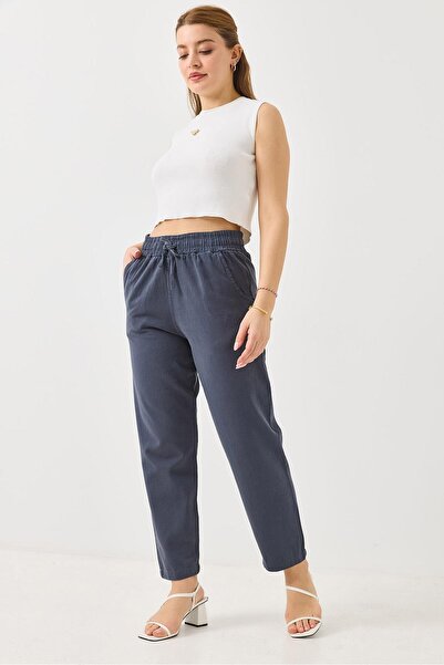 Juuuj Anthracite Canvas Woven Comfortable Cut Pants with Elastic Waist and Ad...