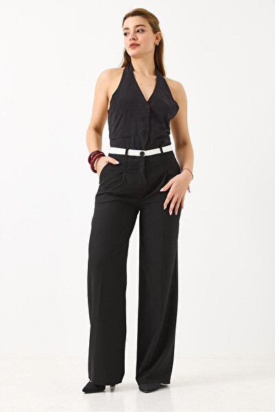 Juuuj Black Woven Fabric High Waist Wide Leg Pleated Palazzo Pants with Pockets