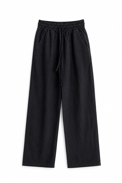 Juuuj Black Linen Fabric Elastic Waist Lace-Up Pocket Mom Fit Relaxed Cut Tro...