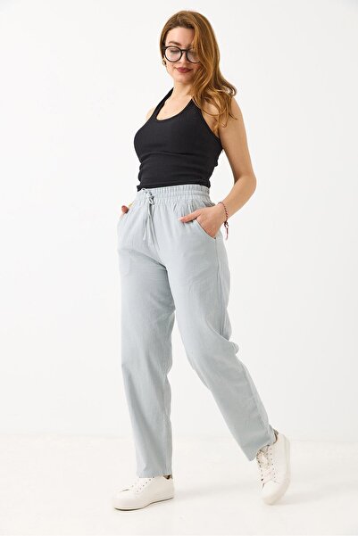 Juuuj Gray Canvas Fabric Elastic Waist Lace-Up Comfortable Cut Long Trousers ...