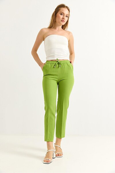 Juuuj Light Green Double Crepe Fabric Elastic Waist Lace-Up Short-Leg Relaxed...