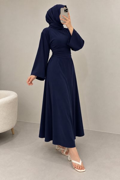 BNGL Boutique Combed Cotton Drawstring Waist-Fitting Blouse and Combed Cotton Skirt Set in Navy Blue Color