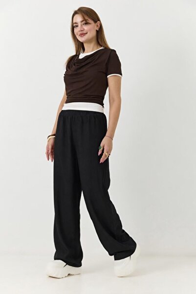 Juuuj Black Linen Textured Elastic Waist Loose Cut Unlined Comfortable Fit Pants